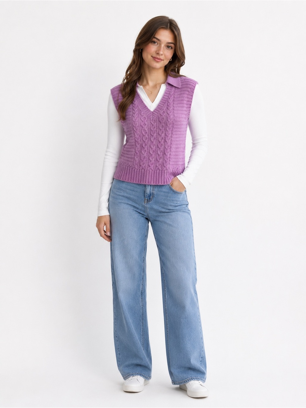 Pink Rose Lilac Cable Knit Sleeveless Sweater Vest